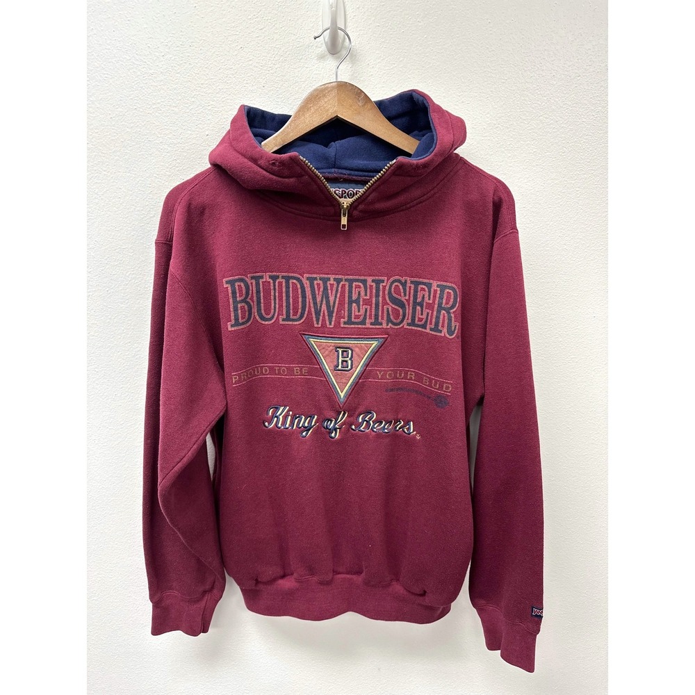 Vintage Budweiser Quarter Zip Pullover Hoodie Maroon M
